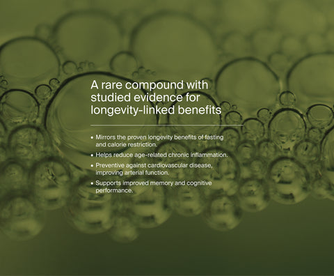 Text about Spermidine a rare compound with longevity-linked benefits overlaid on a green background with circular shapes.