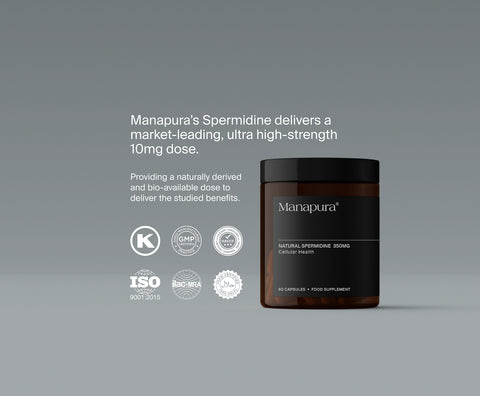 Manapura Spermidine supplement container with certification logos high strength 10mg dose